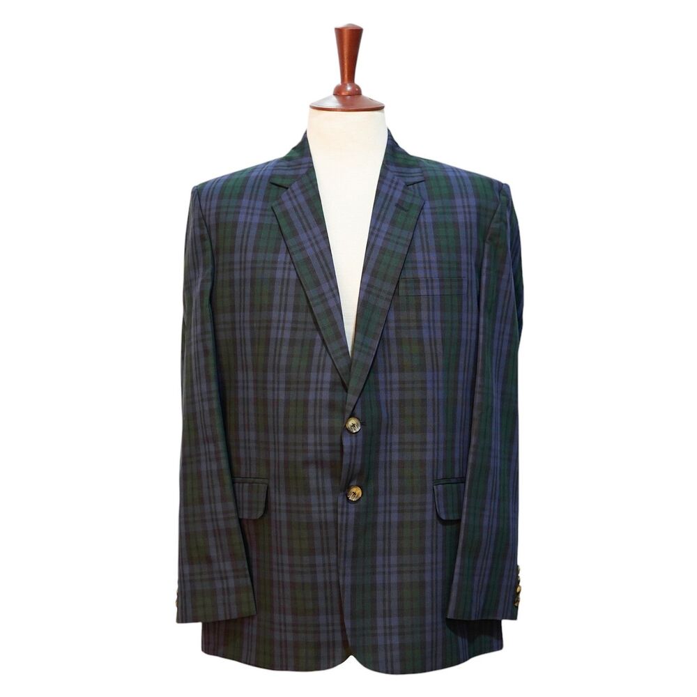 Mens Cotton Sport Coat 44R Blue Green Plaid Blazer 2 Button Wedding Formal